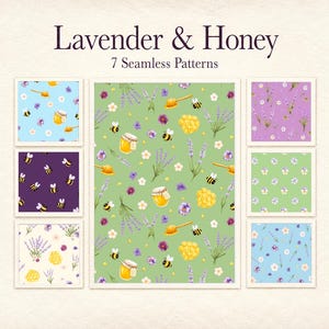 Lavender and Honey Seamless Patterns, Watercolor Floral Digital Paper Bundle, 7 JPG Files