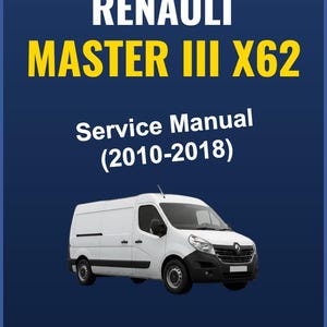 Op de afbeelding: Een servicehandleiding voor de Renault Master III X62 (2010-2018) op een donkerblauwe achtergrond. De titel staat in wit en geel, met een witte bestelwagenillustratie. Het PDF-downloadpictogram staat linksonder.