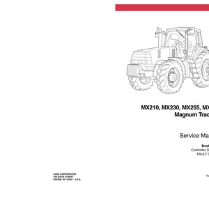 May include: A service manual cover featuring a line drawing of a tractor. The text reads "MX210, MX230, MX255, MX285 Magnum Tractors" and "Service Manual". The cover has a red and gray vertical stripe.