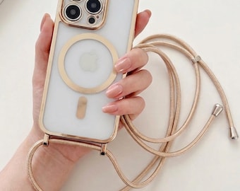 Funda transparente MagSafe para iPhone con correa cruzada para iPhone 12-17 Pro Max