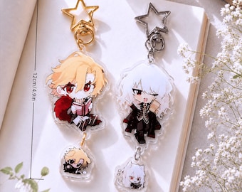 Chibi Anime Keychain Set, Cute Acrylic Charm with Star Clasp, Kawaii Bag Accessory, Anime Fan Gift, Double Pendant Keyring