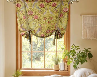 Tie Up Valance, Tulip & Parakeet Motif, Saffron–Sage Colourway,