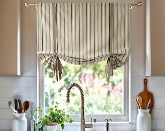 Striped Tie Up Valance, Scalloped Edge Kitchen Curtain, Custom Short Curtains