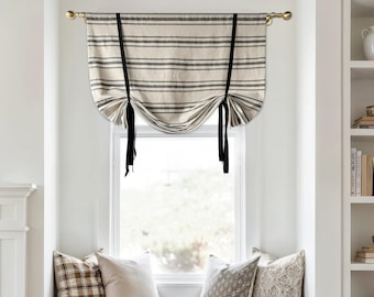 Striped Linen Tie Up Valance, Scalloped Edge Kitchen Curtain, Gift For Housewarming