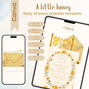 May include: A digital baby shower website template titled A little honey featuring a mobile phone and tablet display. The design includes watercolour illustrations of bees, honeycombs, flowers, and baby clothes on a clothesline with editable text fields.