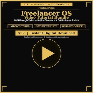 Könnte beinhalten: Schwarze Grafik mit goldenem Text und Akzenten, die ein Video-Tutorial-Bundle bewirbt. Der Text lautet "Freelancer OS Video Tutorial Bundle" mit Details zum Inhalt. Enthält ein Wiedergabe-Button-Symbol und Website-Adressen.