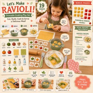 Printable ravioli cooking activity for kids featuring reusable paper ravioli pockets, pretend play ingredients, printable kitchen tools, bonus recipe pages, Montessori learning, preschool fine motor skills, homeschool printable PDF, and dramatic play.