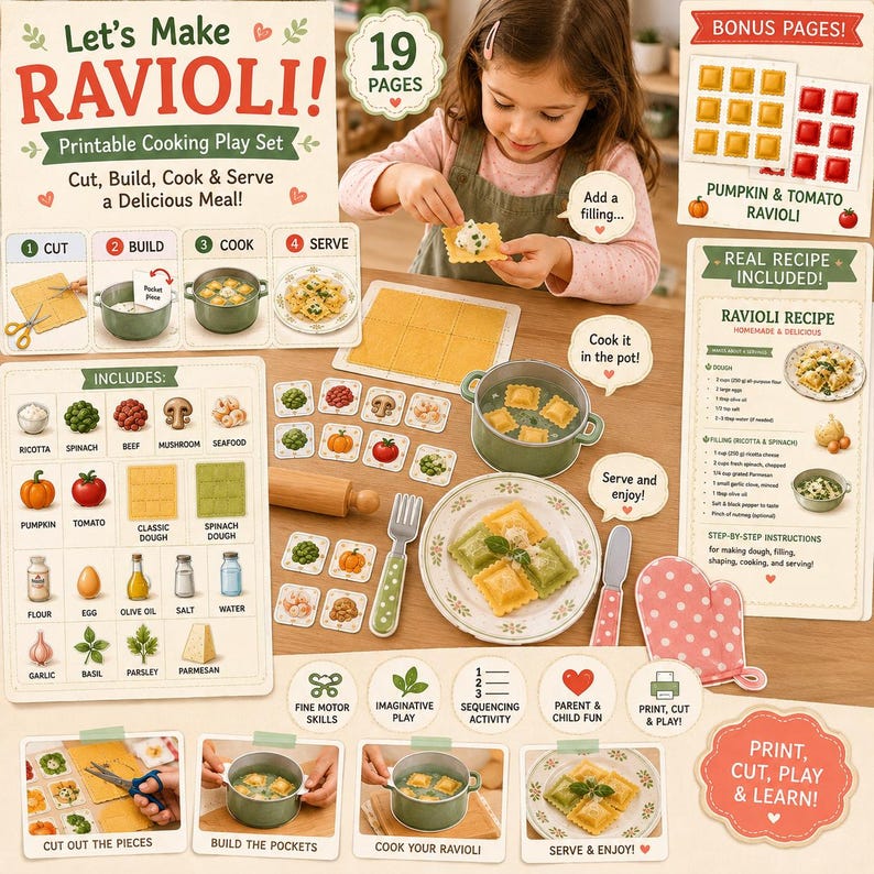 Printable ravioli cooking activity for kids featuring reusable paper ravioli pockets, pretend play ingredients, printable kitchen tools, bonus recipe pages, Montessori learning, preschool fine motor skills, homeschool printable PDF, and dramatic play.