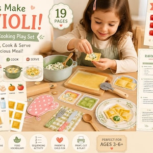 Printable ravioli pretend play cooking activity for kids featuring reusable paper ravioli, printable kitchen tools, ingredients, step-by-step assembly, bonus recipe, Montessori learning, fine motor practice, preschool activity, homeschool printable, and dramatic play kitchen fun.