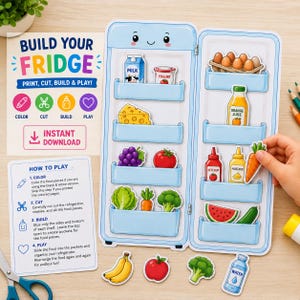 May include: A paper craft activity set titled Build Your Fridge featuring a light blue refrigerator with shelves and various cut-out food items including milk, eggs, cheese, grapes, tomato, lettuce, carrots, broccoli, ketchup, mustard, and juice.