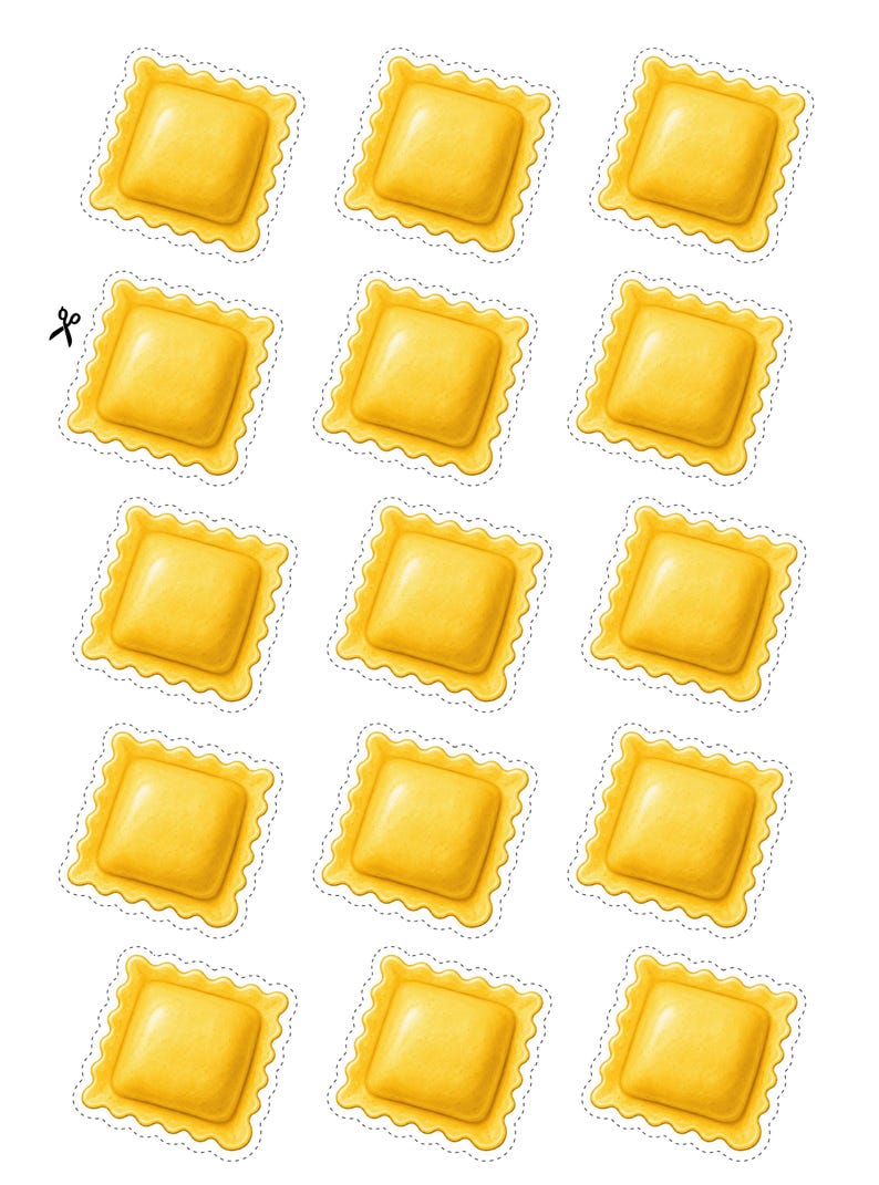 Printable classic ravioli pieces designed for reusable pretend play cooking activities. Perfect for preschool dramatic play, Montessori learning, fine motor practice, homeschool printable activities, and interactive paper food crafts for kids.