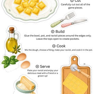 Printable ravioli instruction page showing how to cut, build, cook, and serve reusable paper ravioli. Includes easy step-by-step directions for pretend play cooking, preschool activities, Montessori learning, homeschool, dramatic play, fine motor skills, and printable kitchen games.