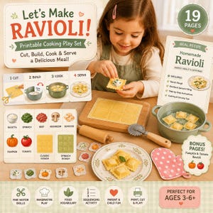 Printable kids cooking activity featuring reusable paper ravioli, printable kitchen tools, bonus recipe, pretend play ingredients, Montessori learning, preschool fine motor practice, homeschool printable, and dramatic kitchen role play.