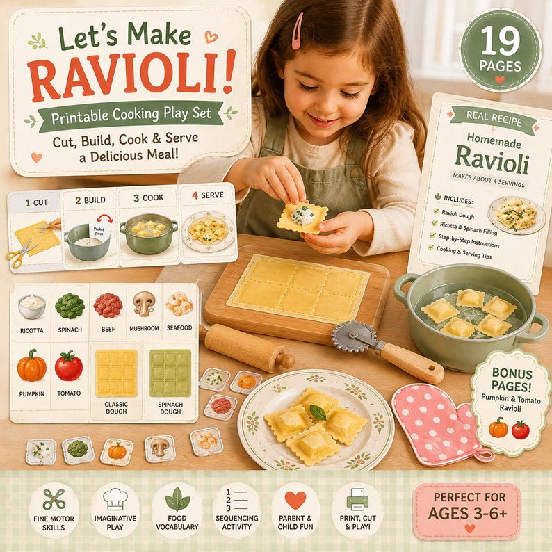 Printable kids cooking activity featuring reusable paper ravioli, printable kitchen tools, bonus recipe, pretend play ingredients, Montessori learning, preschool fine motor practice, homeschool printable, and dramatic kitchen role play.