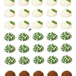 Printable ricotta cheese filling for reusable paper ravioli pockets. Perfect for pretend play cooking, printable kitchen games, preschool learning, Montessori activities, homeschool, dramatic play, food vocabulary, fine motor development, and interactive paper food crafts for children.