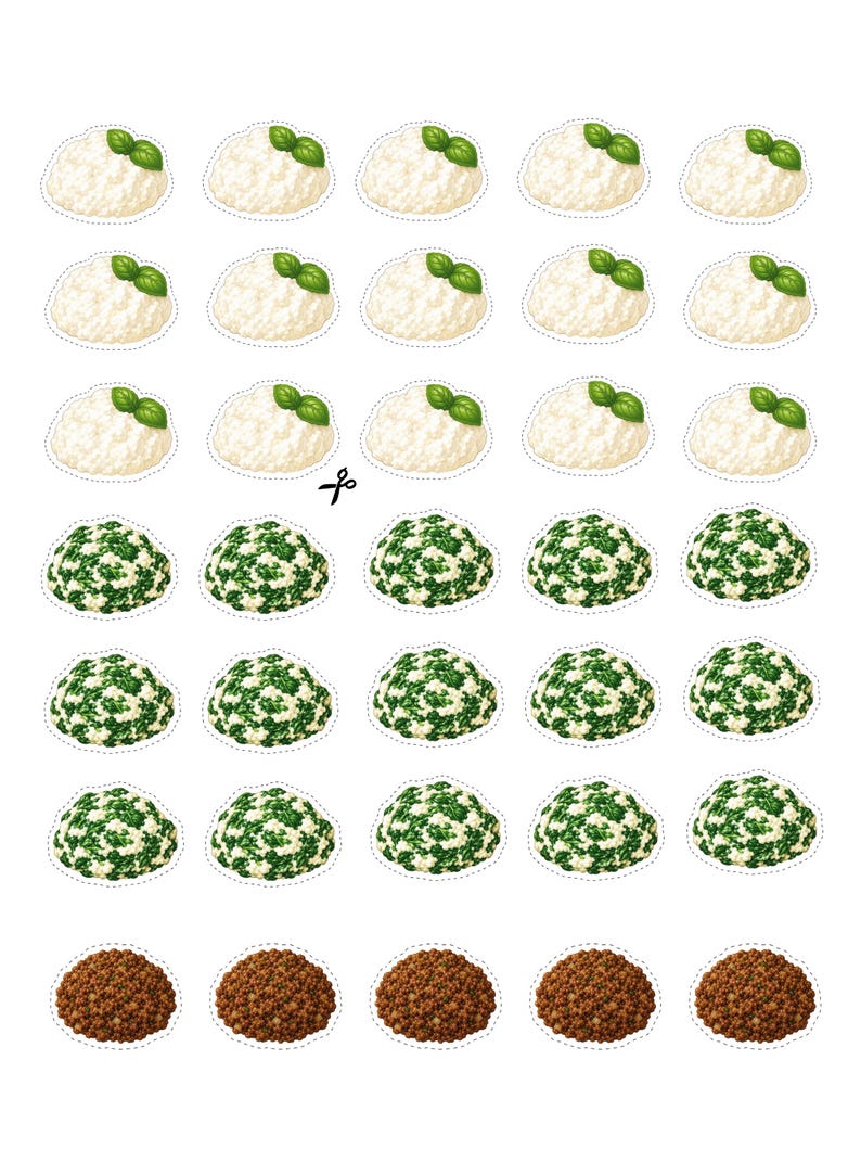 Printable ricotta cheese filling for reusable paper ravioli pockets. Perfect for pretend play cooking, printable kitchen games, preschool learning, Montessori activities, homeschool, dramatic play, food vocabulary, fine motor development, and interactive paper food crafts for children.