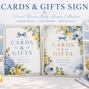 May include: Two rectangular signs with the text CARDS & GIFTS, featuring watercolor illustrations of blue hydrangeas, yellow lemons, and blue bows. The left sign has blue text, while the right sign has gold text. Both include the phrase Thank you for celebrating with us.