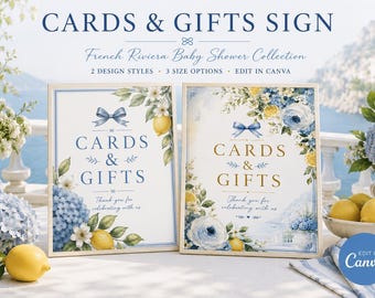 May include: Two rectangular signs with the text CARDS & GIFTS, featuring watercolour illustrations of blue hydrangeas, yellow lemons, and blue bows. The left sign has blue text, while the right sign has gold text. Both include the phrase Thank you for celebrating with us.
