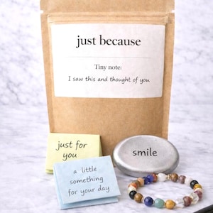 Pode incluir: Um conjunto de presentes com um saco de papel castanho com a etiqueta "just because" e uma nota que diz "I saw this and thought of you". Inclui uma pulseira, uma pedra com "smile" e notas adesivas.