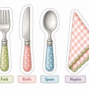 Printable fork, knife, spoon, and napkin set for pretend play kitchen activities. Includes child-friendly table setting for preschool dramatic play, Montessori learning, homeschool activities, paper food games, and imaginative cooking fun.