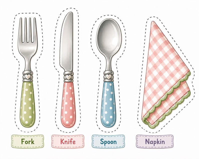 Printable fork, knife, spoon, and napkin set for pretend play kitchen activities. Includes child-friendly table setting for preschool dramatic play, Montessori learning, homeschool activities, paper food games, and imaginative cooking fun.