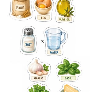 Printable ravioli ingredients including flour, eggs, olive oil, water, salt, garlic, basil, parsley, Parmesan, ricotta, spinach, beef, mushroom, seafood, pumpkin, tomato, and soap for pretend play cooking and preschool learning activities.