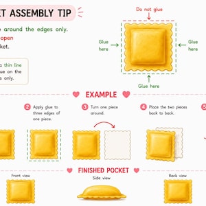 Printable pocket assembly instructions showing how to glue paper ravioli together while leaving the top open for reusable fillings. Perfect for pretend play cooking, preschool activities, Montessori learning, homeschool, and fine motor practice.