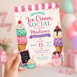 May include: A rectangular invitation card for an Ice Cream Social 5th birthday party. The design features watercolor illustrations of ice cream cones, sundaes, and a chalkboard sign. Text includes event details, date, time, and location in Miami, FL.