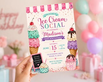 May include: A rectangular invitation card for an Ice Cream Social 5th birthday party. The design features watercolour illustrations of ice cream cones, sundaes, and a chalkboard sign. Text includes event details, date, time, and location in Miami, FL.