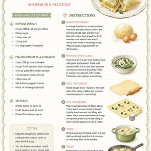 Printable homemade ravioli recipe bonus page featuring authentic dough recipe, ricotta spinach filling, cooking instructions, serving tips, and real family-friendly Italian ravioli recipe included with this printable pretend play cooking activity.