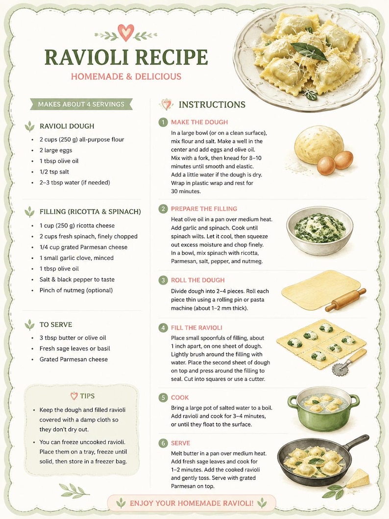 Printable homemade ravioli recipe bonus page featuring authentic dough recipe, ricotta spinach filling, cooking instructions, serving tips, and real family-friendly Italian ravioli recipe included with this printable pretend play cooking activity.