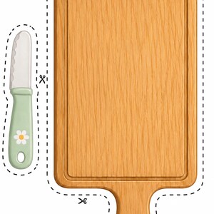 Printable wooden cutting board and child-safe knife for pretend play cooking activities. Perfect for printable ravioli games, Montessori kitchen learning, preschool dramatic play, homeschool printable crafts, and fine motor skill development.