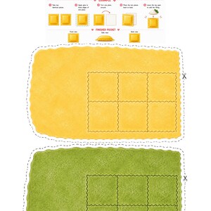 Printable classic and spinach ravioli dough sheets with cutting guides for reusable paper ravioli. Encourages scissor practice, fine motor skills, Montessori-inspired learning, preschool kitchen activities, homeschool projects, and pretend play cooking.