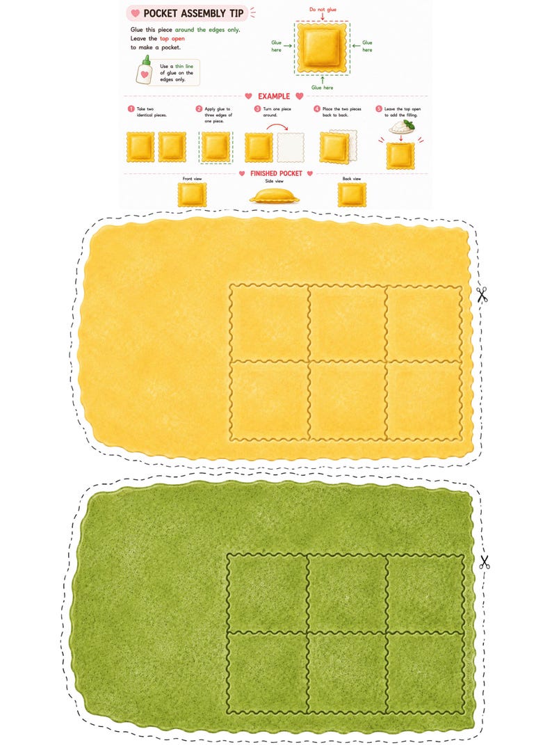 Printable classic and spinach ravioli dough sheets with cutting guides for reusable paper ravioli. Encourages scissor practice, fine motor skills, Montessori-inspired learning, preschool kitchen activities, homeschool projects, and pretend play cooking.