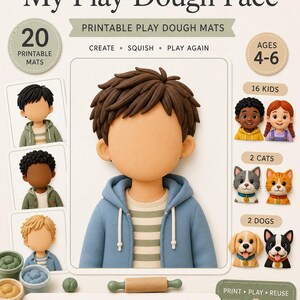 May include: My Play Dough Face printable play dough mats for ages 4-6. Includes 20 mats featuring 16 kids, 2 cats, and 2 dogs. The set encourages fine motor skills, creativity, and screen-free play. Features a central illustration of a boy in a blue hoodie.