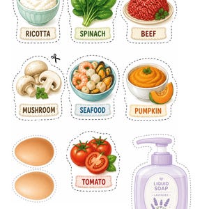 May include: A collection of die-cut stickers featuring illustrations of food items including ricotta, spinach, beef, mushrooms, seafood, pumpkin, eggs, and tomatoes, alongside a bottle of lavender liquid soap, each with a dashed cutting line.