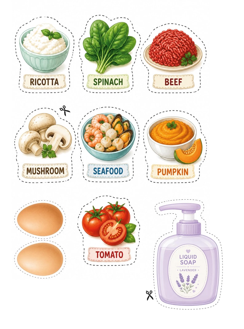 May include: A collection of die-cut stickers featuring illustrations of food items including ricotta, spinach, beef, mushrooms, seafood, pumpkin, eggs, and tomatoes, alongside a bottle of lavender liquid soap, each with a dashed cutting line.