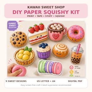 Peut inclure: Un kit de squishy en papier DIY Kawaii Sweet Shop comprenant neuf designs sucrés : biscuit, gâteau aux fraises, chocolat chaud, beignet, tarte au citron, cupcake, roulé à la cannelle, thé boba et macarons. Instructions : imprimer, scotcher, rembourrer.