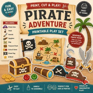 Puede incluir: Un set de juego imprimible de aventuras piratas que incluye un mapa del tesoro, un cofre de madera, un catalejo, un garfio, espadas y sombreros. El set contiene ilustraciones recortables de una bandera pirata, monedas de oro y gemas.