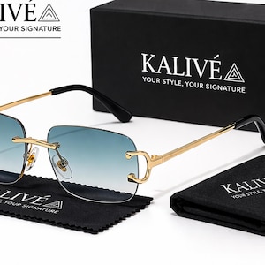Op de afbeelding: Goudkleurige randloze zonnebril met blauwe verlopende glazen en zwarte pootjes. De afbeelding bevat een zwart etui, een zwarte reinigingsdoek en de tekst "KALIVÉ YOUR STYLE, YOUR SIGNATURE."