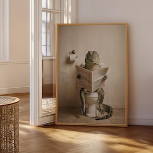 Funny Crocodile Reading Newspaper Wall Art, Alligator Toilet Bathroom Decor, Quirky Gator Poster