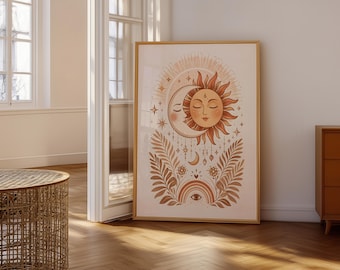 May include: A framed rectangular wall art print featuring a central illustration of a sun and crescent moon with closed eyes, surrounded by radiating lines, stars, hanging charms, fern-like foliage, a small rainbow, and an eye symbol.