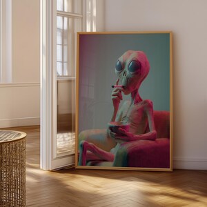 Surreal Alien Smoking Pop Art Poster | Quirky Colorful Wall Decor for Fun Living Room or Eclectic Dorm Vibe Enhancement Print