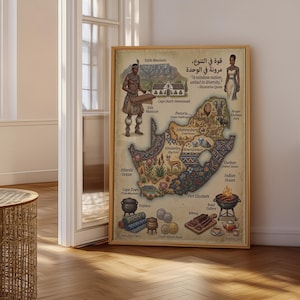 May include: A framed map of South Africa with illustrations of landmarks, cultural elements, and text in English and Arabic. The map is in a wooden frame and is displayed in a room with natural light.