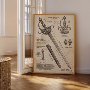 Könnte beinhalten: Ein gerahmter Druck mit einem Vintage-Schwertdesign aus den 1750er Jahren. Das Kunstwerk enthält detaillierte Illustrationen der Schwertkomponenten, wie z. B. des Griffs, der Klinge und der Scheide, mit handschriftlichen Anmerkungen. Der Druck befindet sich in einem Holzrahmen.