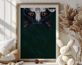 Tuxedo Cat Wall Art, Upside Down Feline Print, Quirky Black and White Decor, Living Room Accent