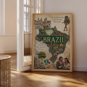 Peut inclure: Une carte encadrée du Brésil avec des illustrations et du texte détaillés. La carte présente le bassin amazonien et l'océan Atlantique Sud. Le texte comprend "Terra do sol e do samba" et "Brazil". L'œuvre est dans un cadre en bois.