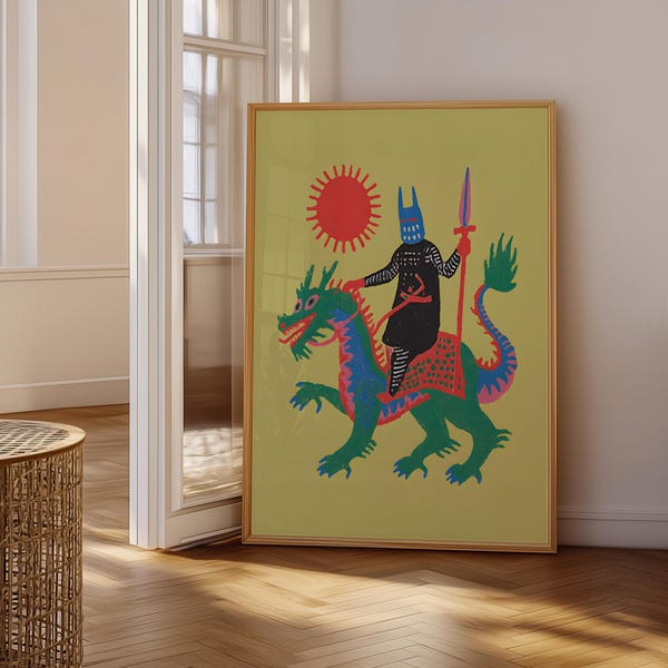 Knight on Dragon Folk Art Poster | Crimson Sun, Mythic Energy Wall Decor