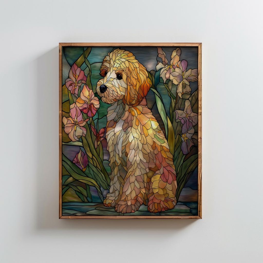 Stained Glass Cockapoo Cockapoo Stained Glass Art Print, Floral Puppy Portrait, Colorful Pet ...