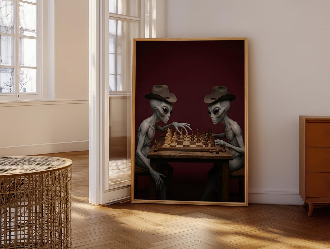 Humorous Aliens in Cowboy Hats Playing Chess - Surreal Sci-fi Scene ...